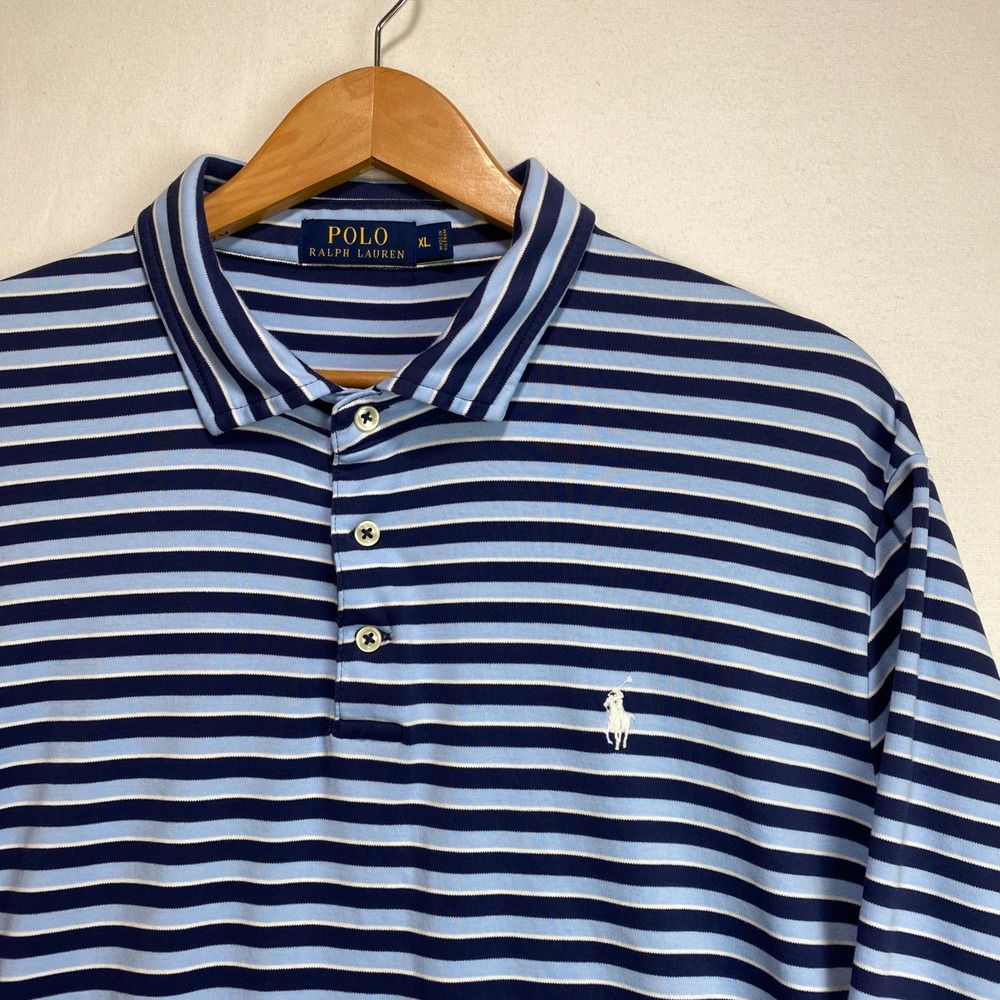 Polo Ralph Lauren Mens sz XL Blue Striped Short Sleeve Polo Shirt Pony Logo Cozy - Picture 1 of 7